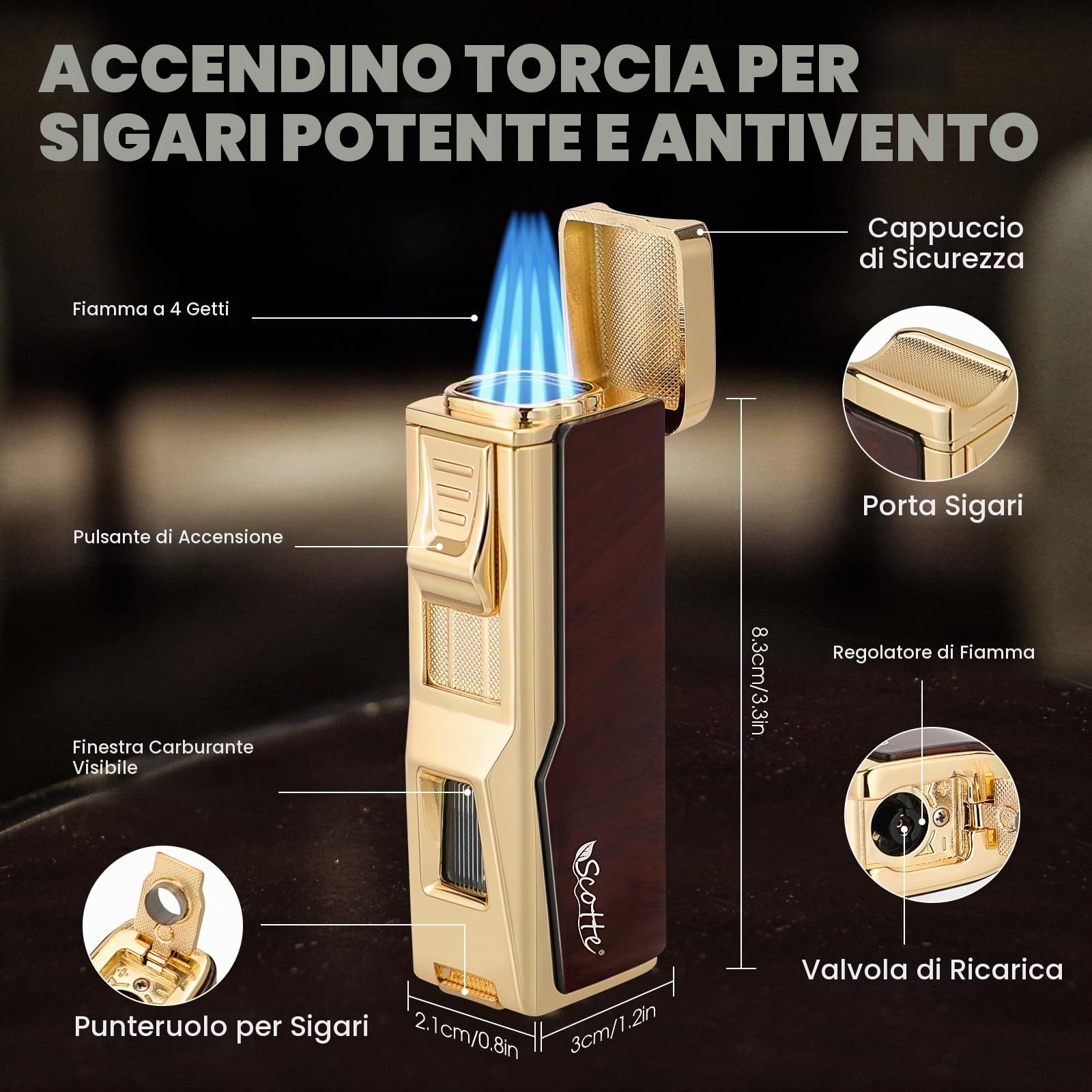 Scotte humidor per sigari, accendisigari per sigari, scatola di sigari in pelle con umidificatore e igrometro,accendino a butano con punzone per sigari, portasigari (senza butano)
