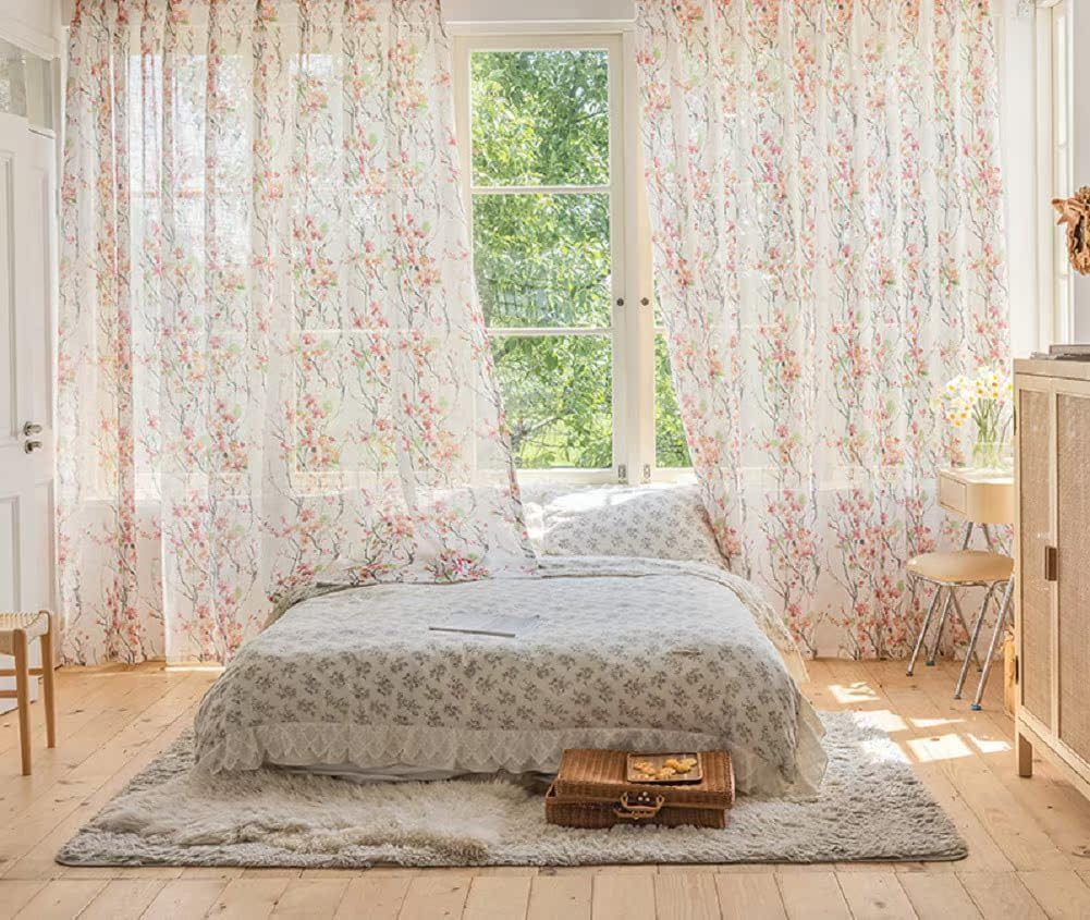 French Romantic Printed Finished Branch Sheer Curtains Voile Gauze Home Decor for Living Room Bedroom(2 Panels, W 100 x L 84 inch, Red)
