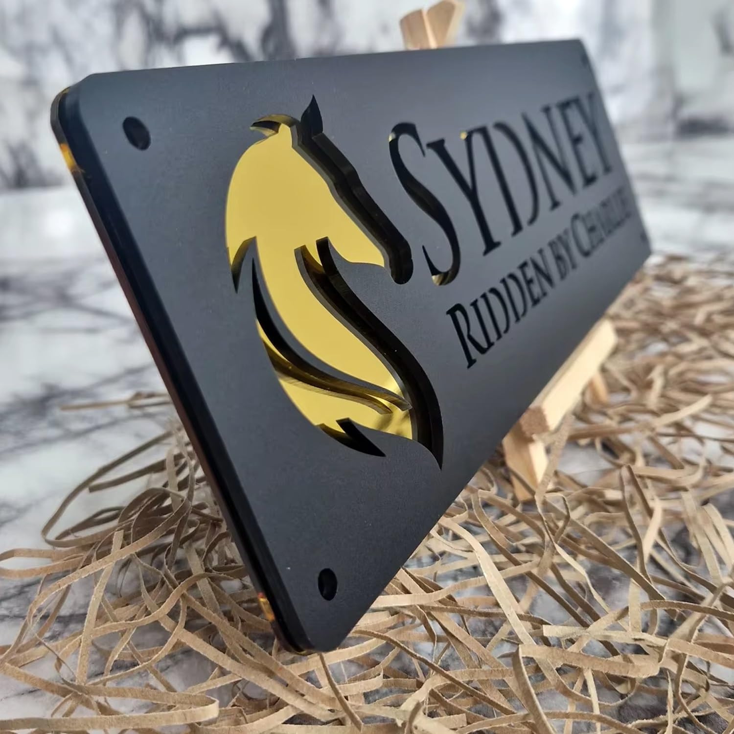 miguha Custom Horse Stable Name Plate Horse Name Plaque, Custom Horse Stall Acrylic Sign For Farm Barn Sign, Customized Outdoor Horse Name/Number Door Sign Gift For Horse Lovers(Black Gold)