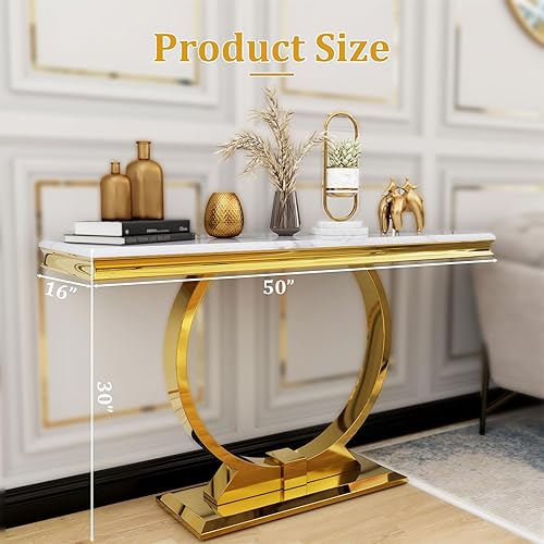 Miniatura 2 de Mesa consola Asday dorada, mesa de entrada de 50 pulgadas en blanco y oro glam con base en forma de U, mesa de entrada dorada pulida con parte