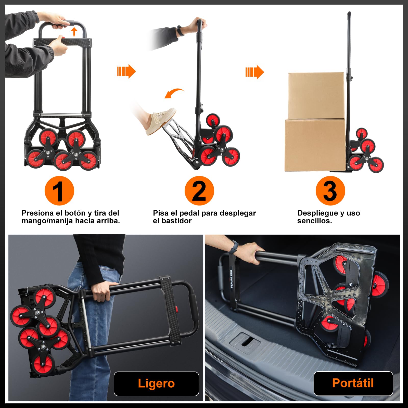 YEAUPE PRO Carretilla Plegable, Carretilla de Mano – Ruedas Grandes TPR Reforzadas, Mango Telescópico Ajustable, Incluye 2 Cuerdas Elásticas, Ideal para Subir y Bajar, 50kg - Sube escaleras – Negro