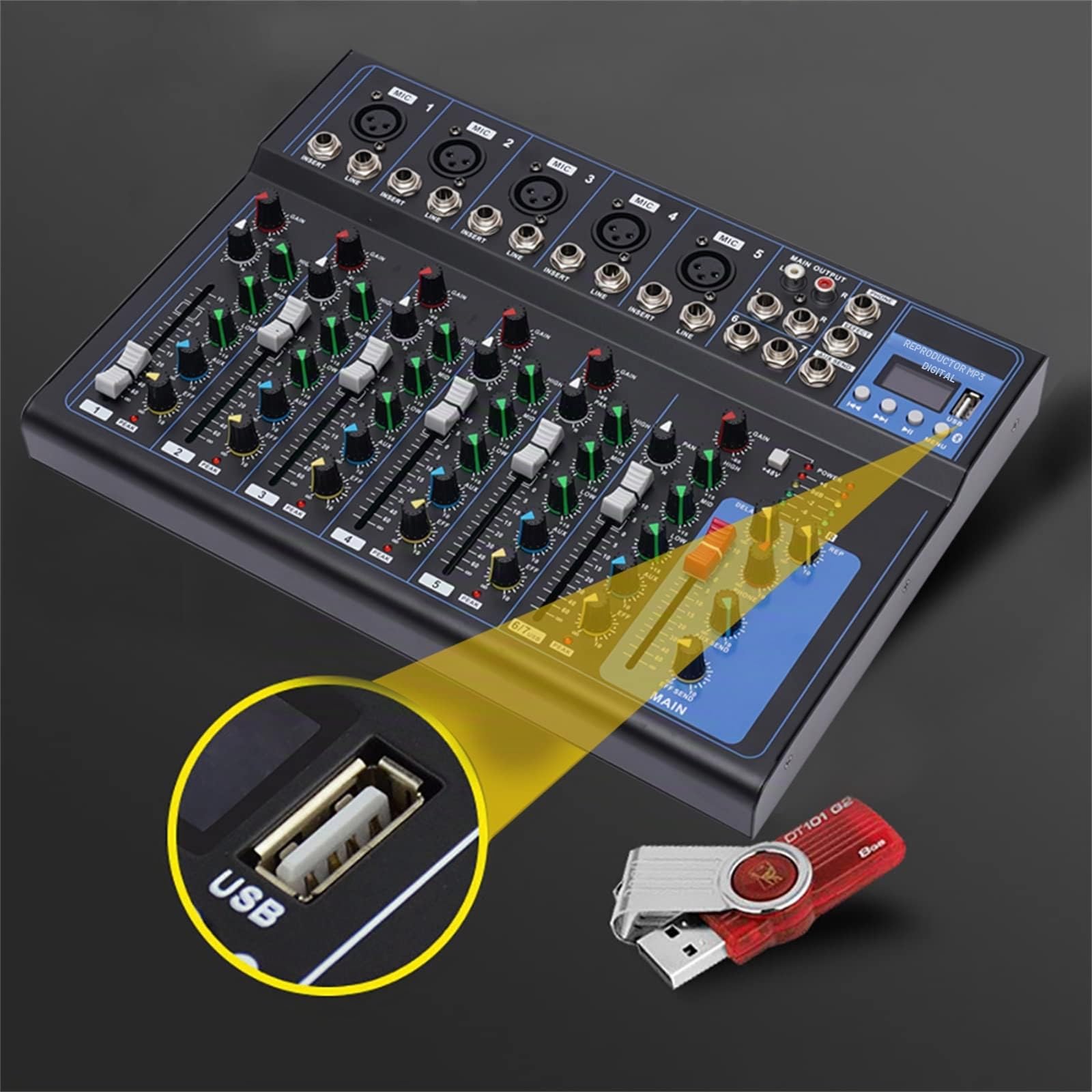 Audio DJ Mixer Soundboard Set de consola, 7 canales, 48 V, alimentación phantom con Bluetooth, USB, estéreo, Live DJ Studio Streaming para fiestas de grabación profesionales en el