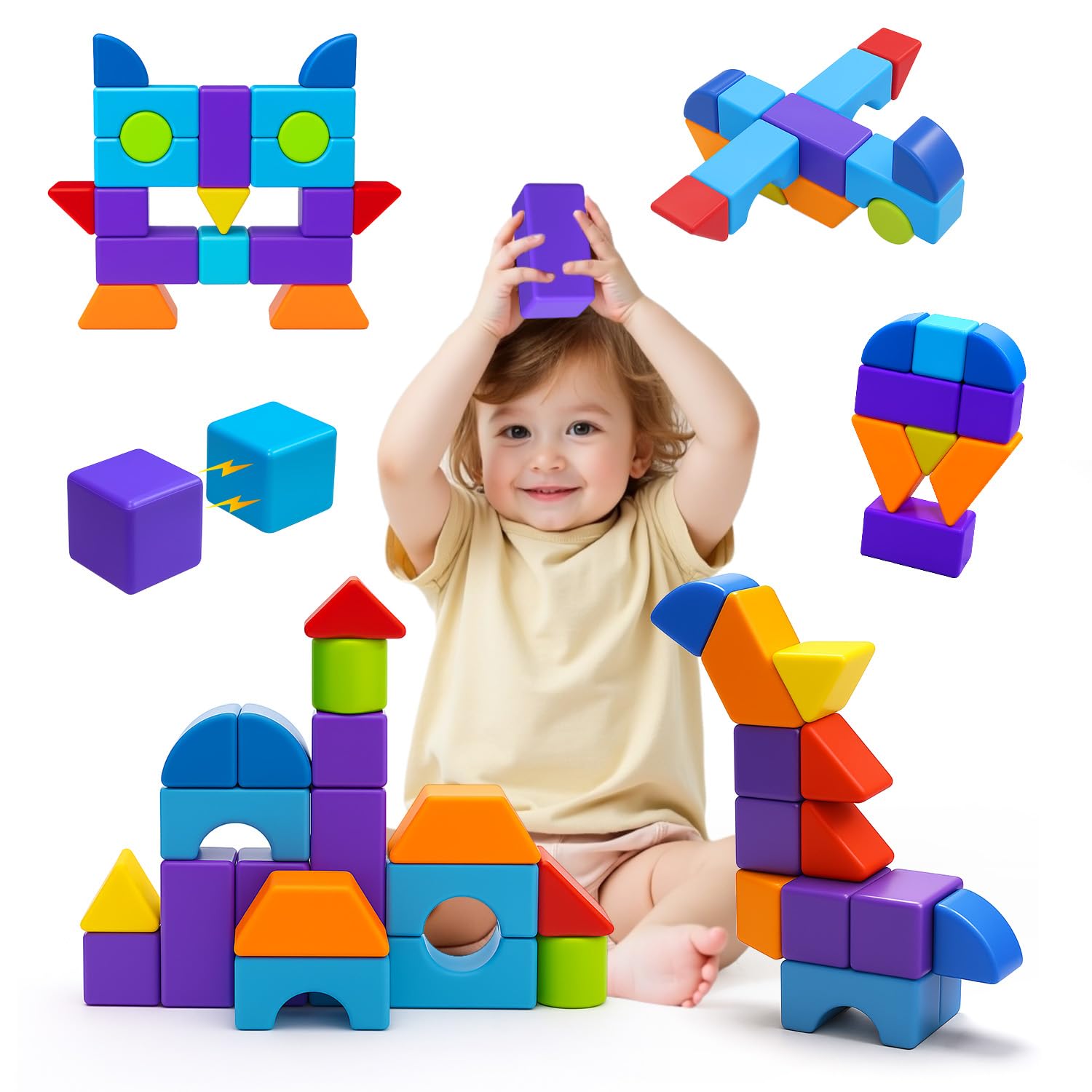 Magnetic Blocks, Large 1.65 inch Magnetic Cubes for Kids, Multi-Shape Building Blocks, Preschool Educational Building Kit, Montessori Sensory Toys for Toddlers 3-5 (19pcs)