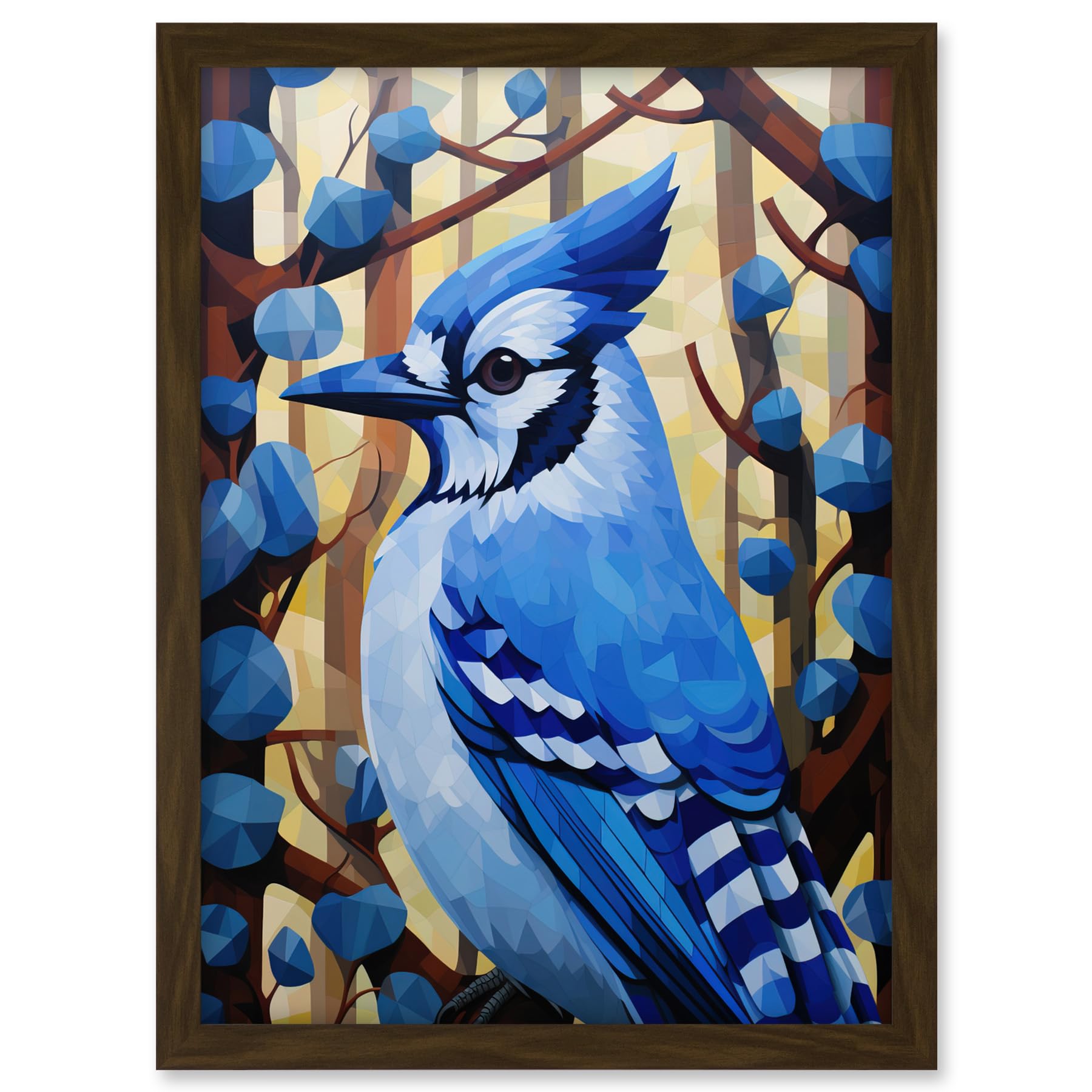 Artery8 Blue Jay Geometric Artwork Wild Bird Perched on Tree Polygonal Forest Landscape Artwork Framed A3 Wall Art Print