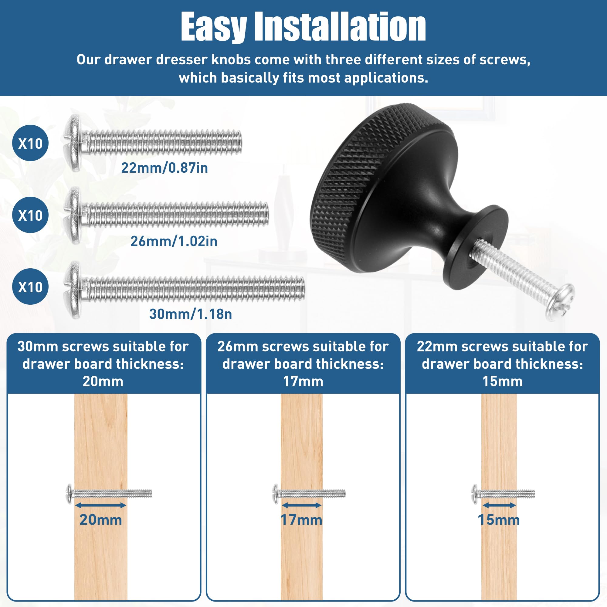 10 Pack Black Cabinet Knobs Drawer Cupboard Kitchen Knobs Round Solid Knurled Cupboard Handles with 30 Screws for Cabinet Furniture Dresser Wardrobe Pulls (Black) - Image 3