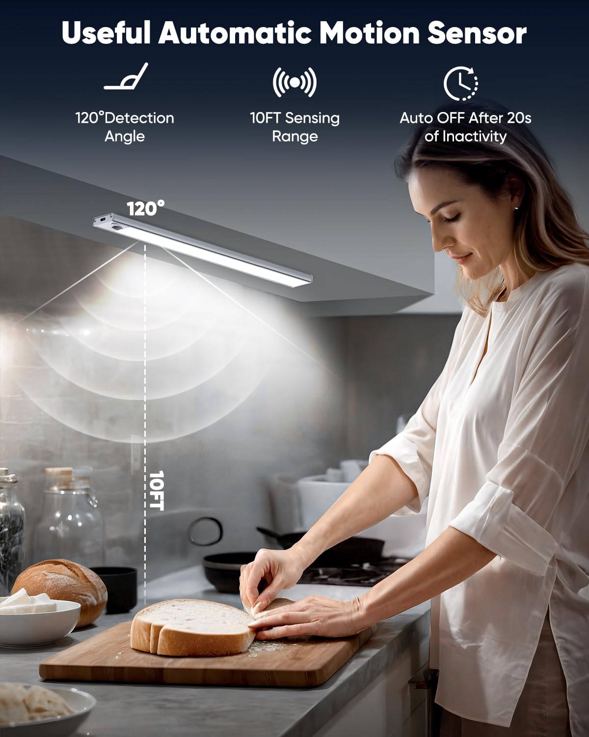 Luces para debajo del gabinete, luz nocturna LED recargable, funciona con pilas, activada por movimiento, para interiores, luces magnéticas regulables de 6500 K, 3200 mAh, luces inalámbricas debajo