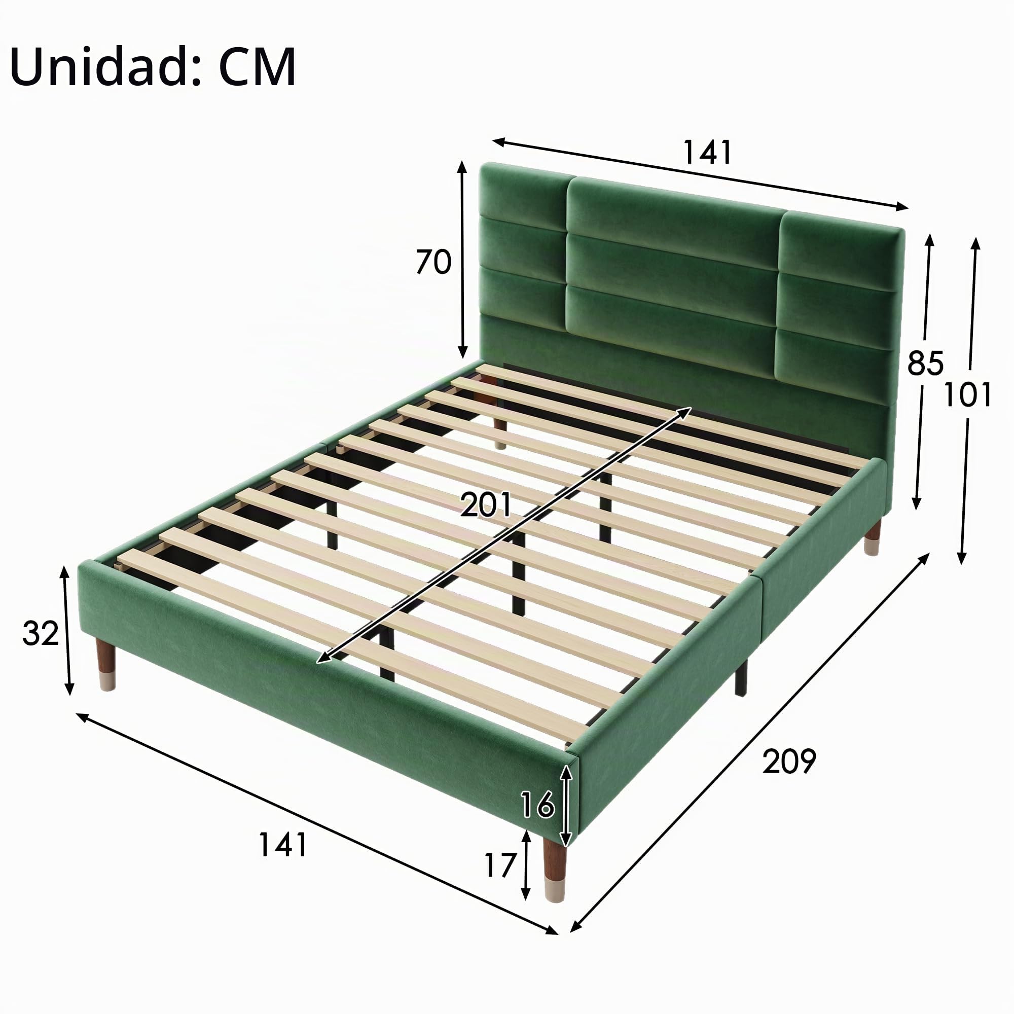 Merax Cama tapizada de 140 x 200 cm, Cama Doble con somier y Espacio de Almacenamiento Debajo de la Cama, Estructura de Cama Acolchada con cabecero, Terciopelo Verde Oscuro, para Adultos y jóvenes