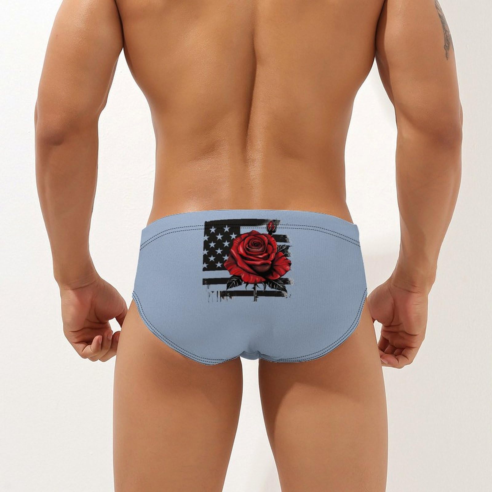 US Flag Red Rose Mens Swim Briefs Bikini Swimwear Print Beach Shorts Sexy Swimsuit XL