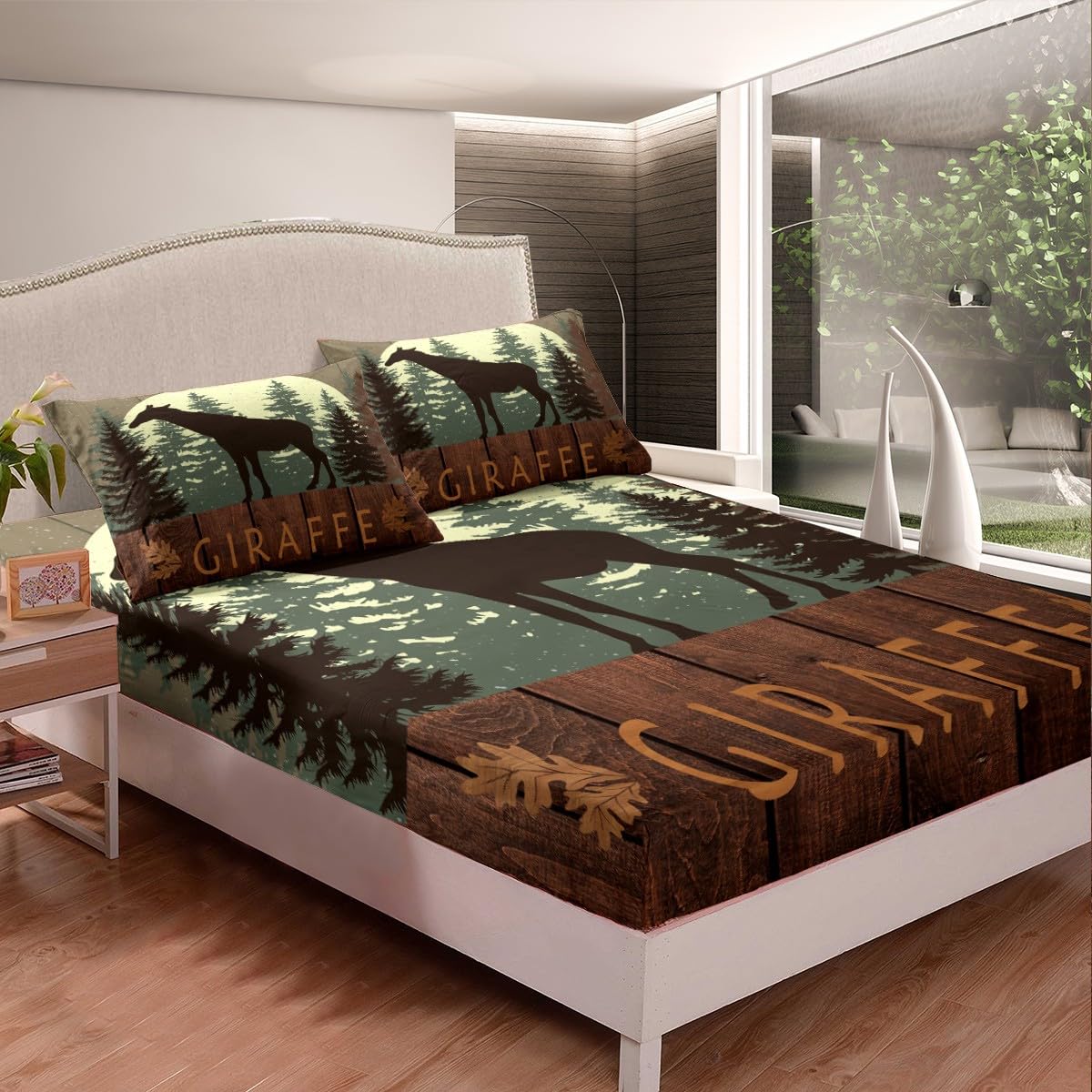 Cute Giraffe Fitted Sheet Queen Size 3 Pcs,Lodge Cabin Jungle Rustic Style Bedding Set for Kids Teens Adults,Wild Animal Pine Trees Bed Sheet with 2 Pillowcases(No Top Sheet)