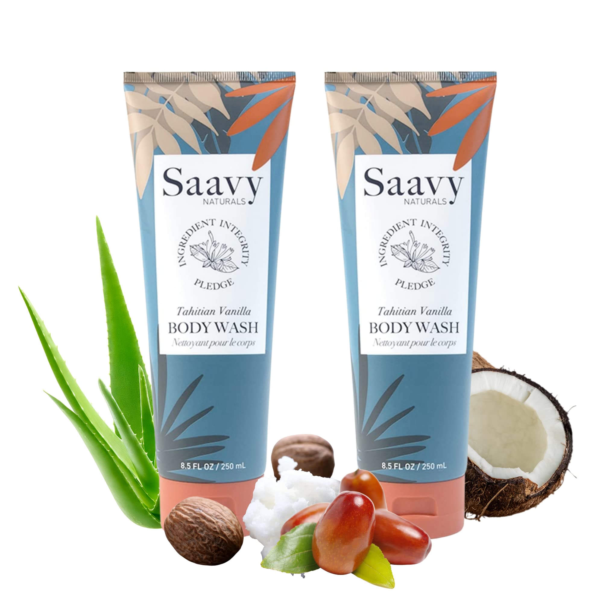 Saavy Naturals Body Wash Tahitian Vanilla Plant-Based Ingredients| Made In USA | Sensitive Skin Body Wash, l Organic & Vegan Formula With Coconut Oil, Shea Butter, And Aloe Vera - 8.5 Fl Oz, 2 Pack