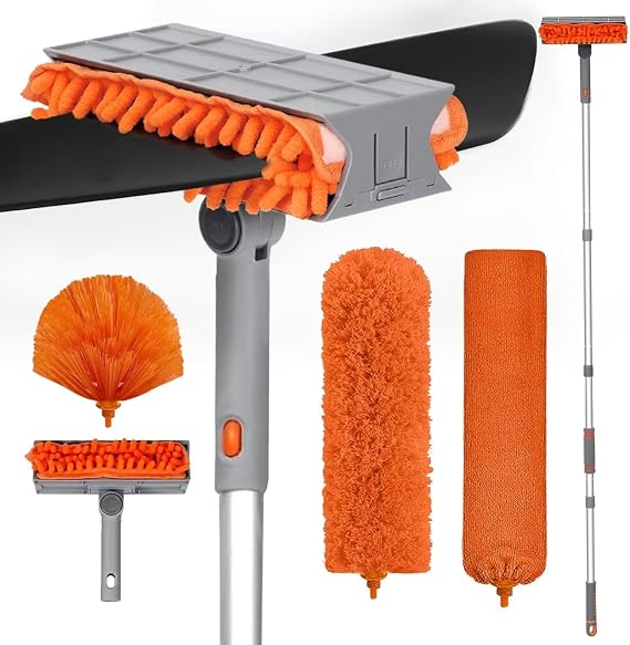 Ceiling Fan Cleaner Duster with 72 Extendable Long Handle Cleaning Duster Kit, Reusable Chenille & Microfiber Mop Head for High Ceiling Fan Blade Wall Blinds Cobweb