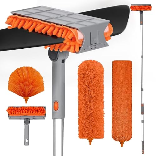 Ceiling Fan Cleaner Duster with 72‘’ Extendable Long Handle Cleaning Duster Kit, Reusable Chenille & Microfiber Mop Head for High Ceiling Fan Blade Wall Blinds Cobweb