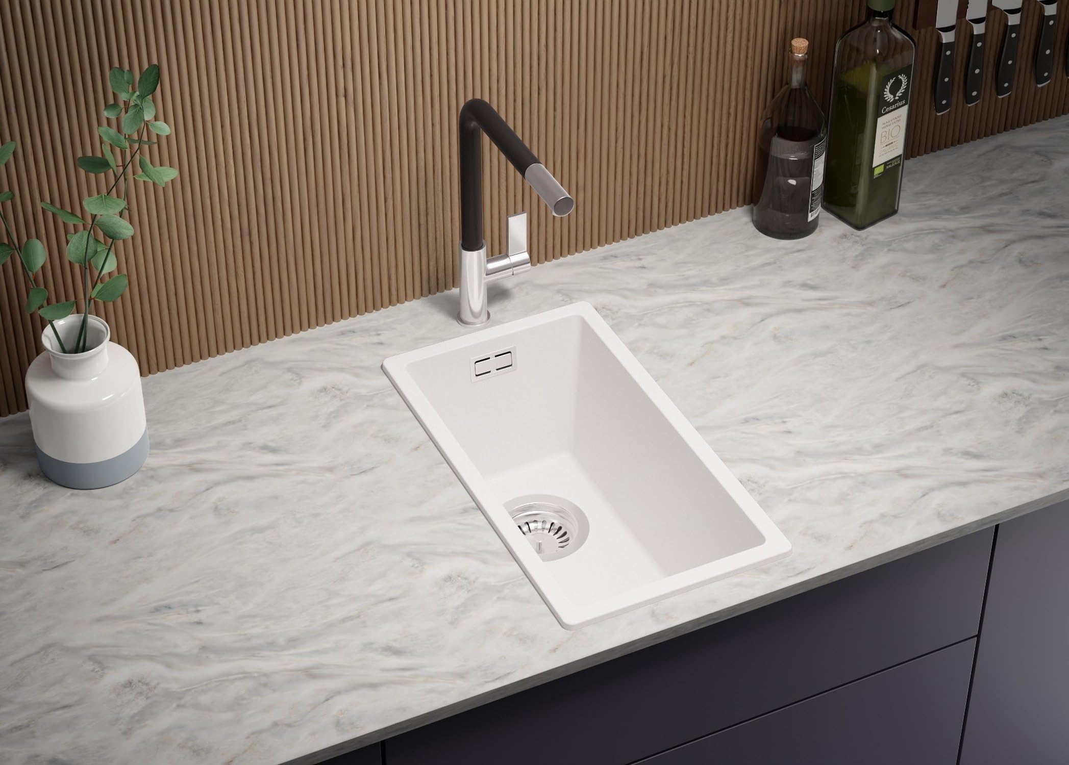 PRIMAGRAN Evier Cuisine en Granit Tout Blanc - London, 26x47cm | Lavabo 1 Bac + Kit de Vidage, Évier à Encastrer au Meuble 30cm (S007)