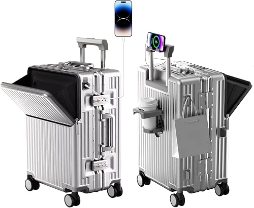 Suitcase Carry-on Luggage Spring-Summer Travel Airline Approved with TSA Lock 360° Wheel PC Hard Shell and Aluminum Frame Pressure-Resistant, Silver, 20‘’, Spring-Summer