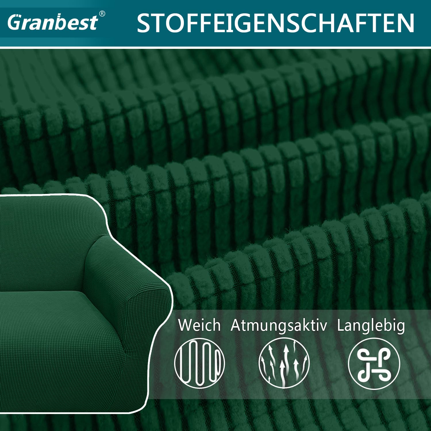 Granbest - Copridivano altamente elasticizzato, moderno, jacquard, per soggiorno, protezione per cani e animali domestici, 4 posti, verde scuro