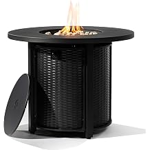 28'' Propane Fire Pit Table, 50,000 BTU Fire Table with Steel Lid, Big Legs, Laval Rocks.