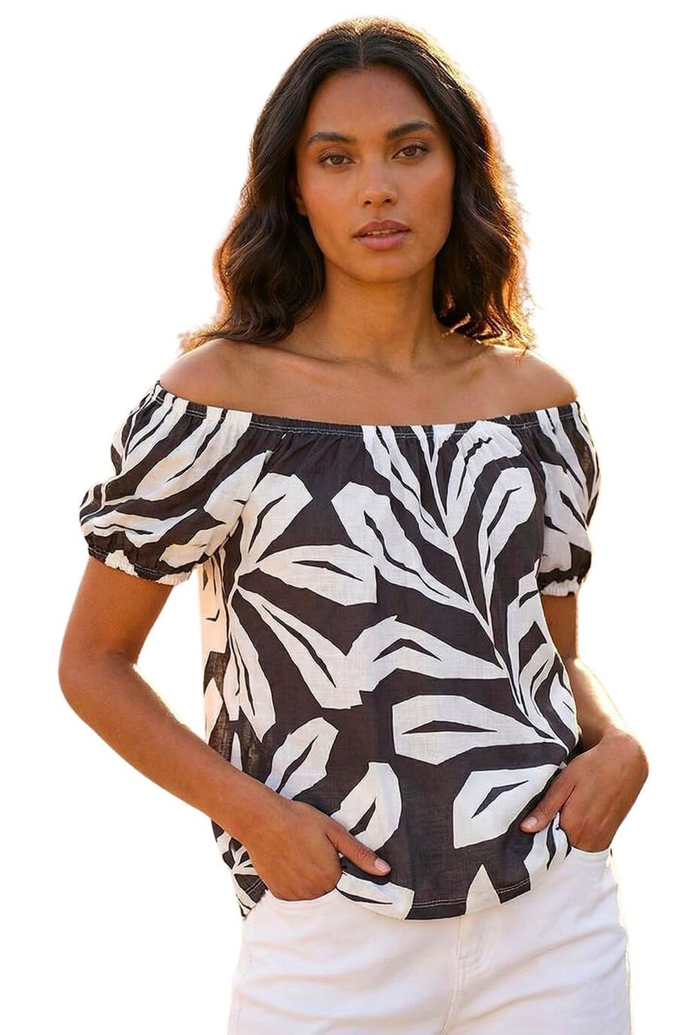 Roman Women's Black Abstract Print Bardot Top In Size 18