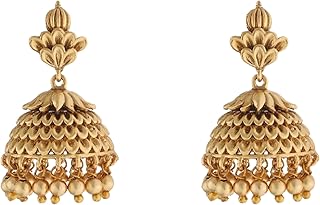 TARINIKA Antique Gold-Plated Indian Jhumka Earring for Women Brass CZ Temple Design Desi Dangle Jewelry Wedding Jewelry Ethnic Occasion Gift for Her