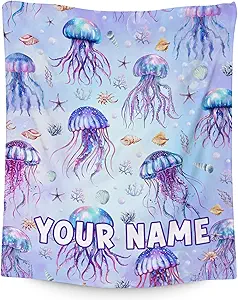 Custom Jellyfish Blanket with Name for Kids, Cute Soft Gifts for Ocean Lovers, Cozy Flannel Throw for Couch Sofa, 30"x40"
