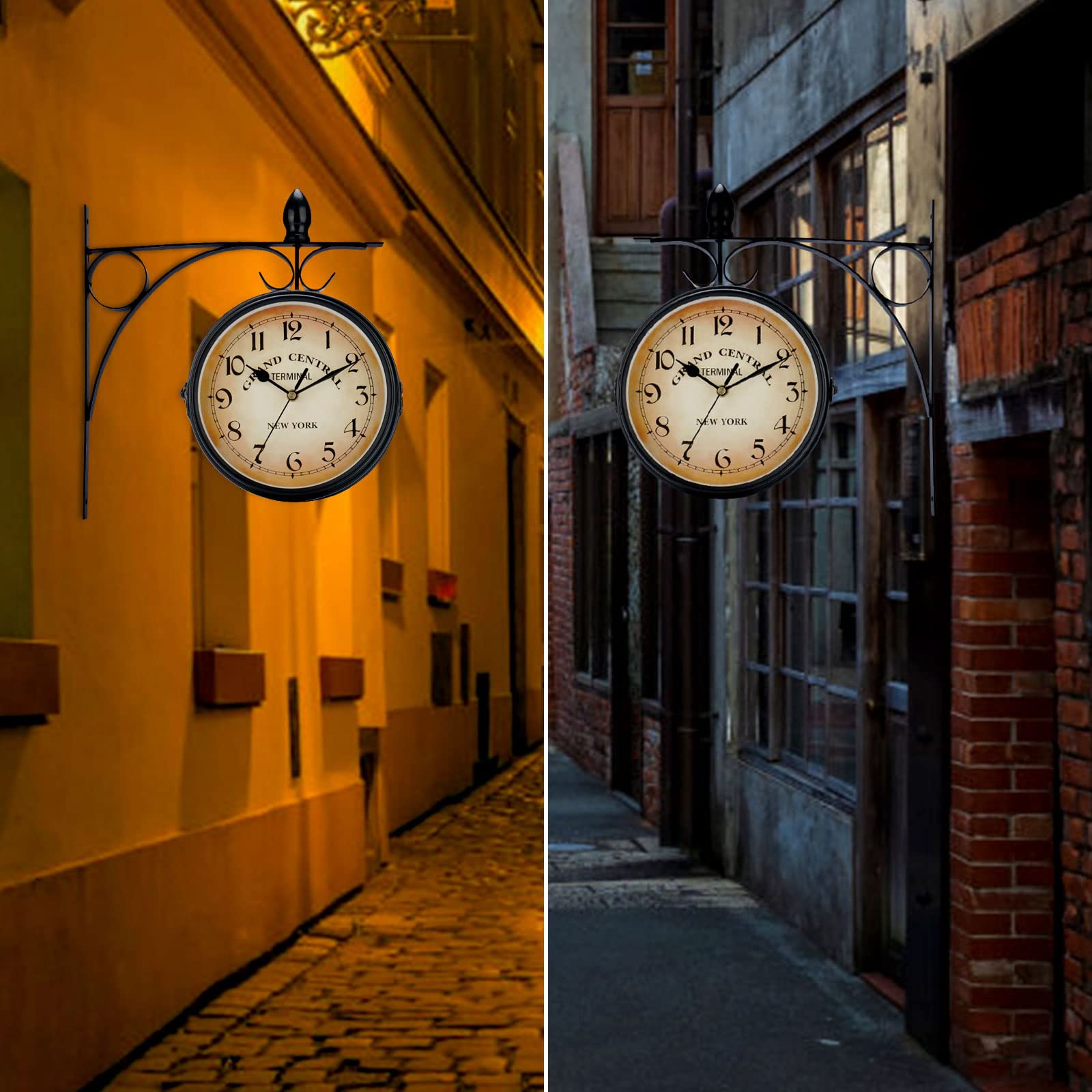 Horloge Murale Horloge Double Face avec Support, Style Rétro, Horloge de Gare New York, 25cm Grande Horloge Murale, Horloge Metal pour intérieurs et extérieurs, Jardin, Terrasse(01)