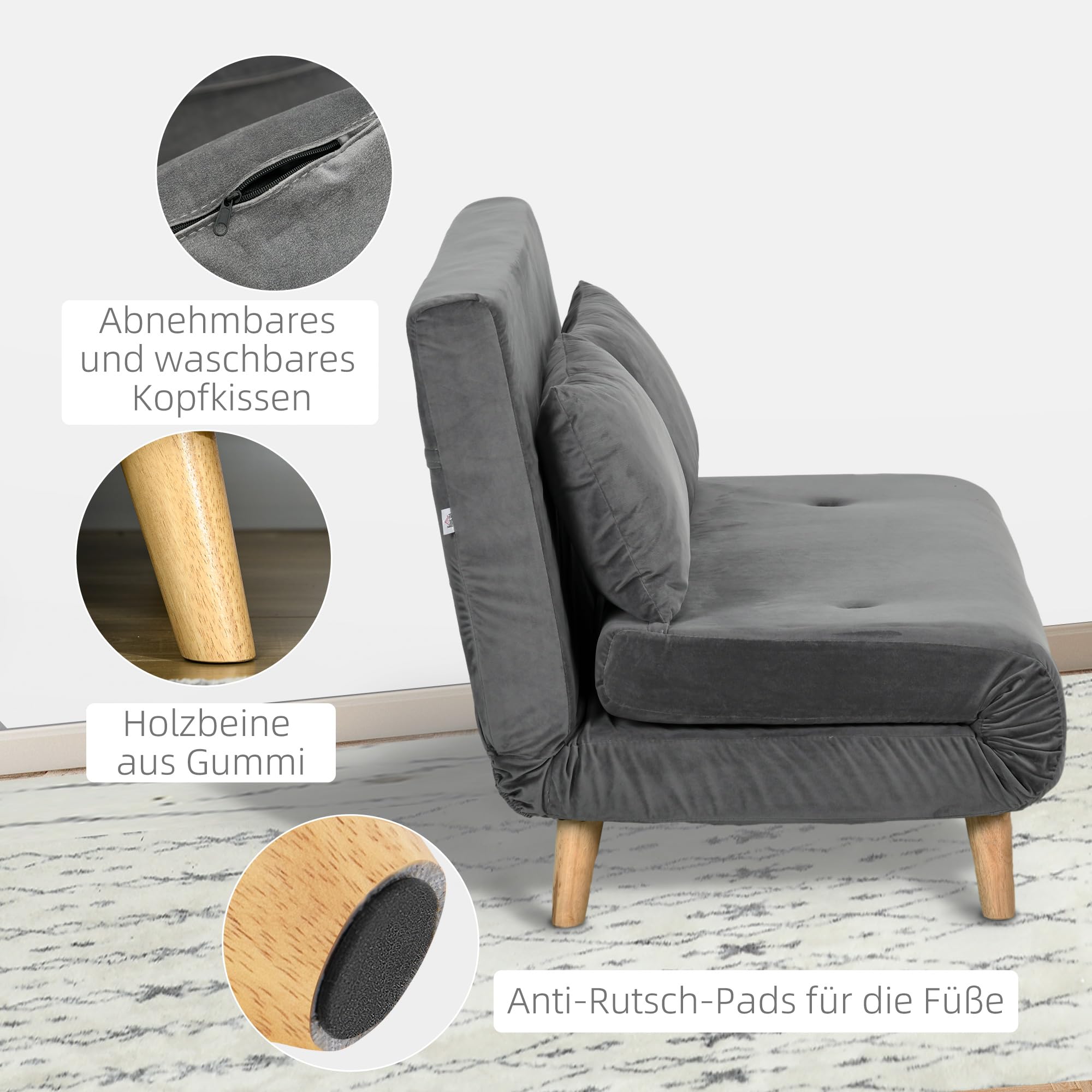 HOMCOM Sofa do spania 2-osobowa z funkcją łóżka, składana sofa z regulowanym oparciem, poduszka, sofa do spania o aksamitnym wyglądzie do salonu, szara, 130 x 78 x 79 cm