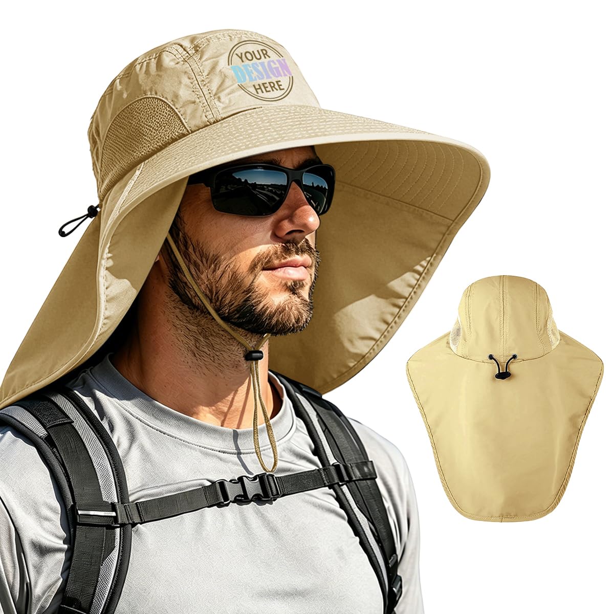 Personalized Sun Hat Custom Logo/Text, UPF 50+ Wide Brim Bucket Hat with Neck Flap, Adjustable Fishing Hat for Men Women, Khaki, 7/ 7 1/2