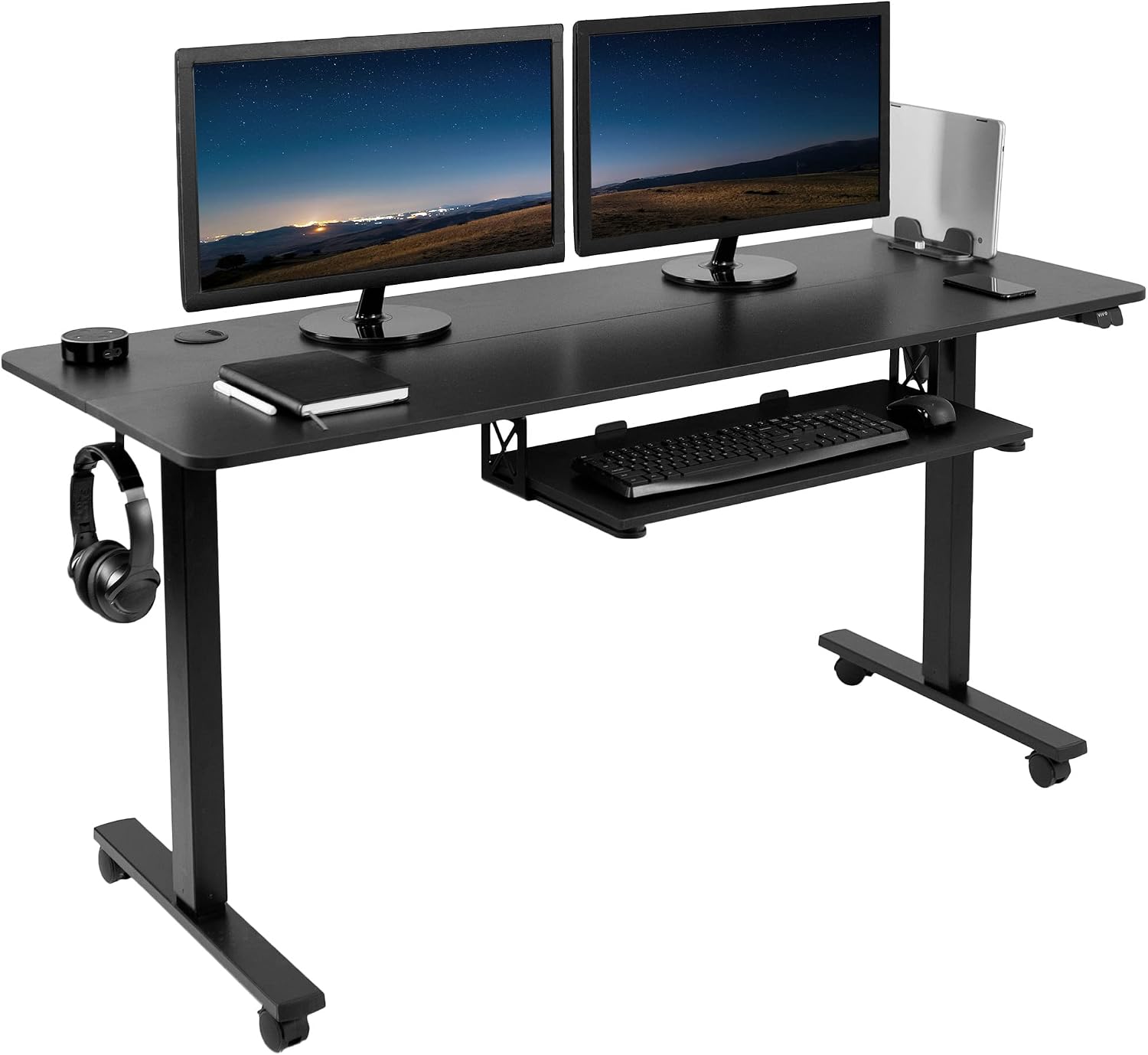VIVO Electric Height Adjustable 60 x 24 inch Mobile Stand Up Desk, Complete Active Workstation with 2 Section Black Table Top, Black Frame, Keyboard Tray, 2 Accessory Hooks, DESK-E-P60KB
