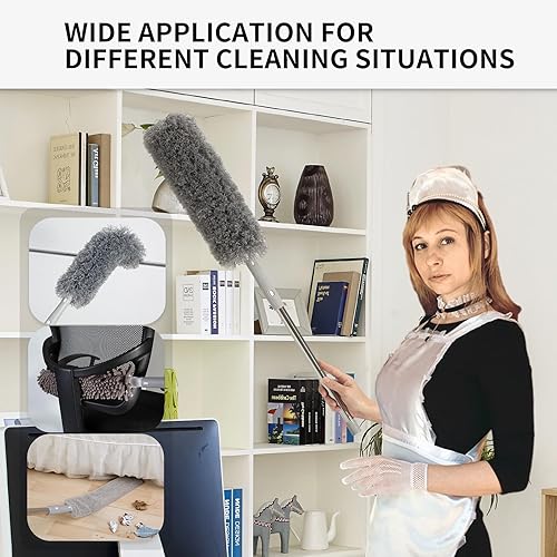 Miniatura 4 de Plumero de microfibra mejorado, 4 cabezales de limpieza de polvo, plumero de telaraña reutilizable con poste de extensión extra largo de grado de 79