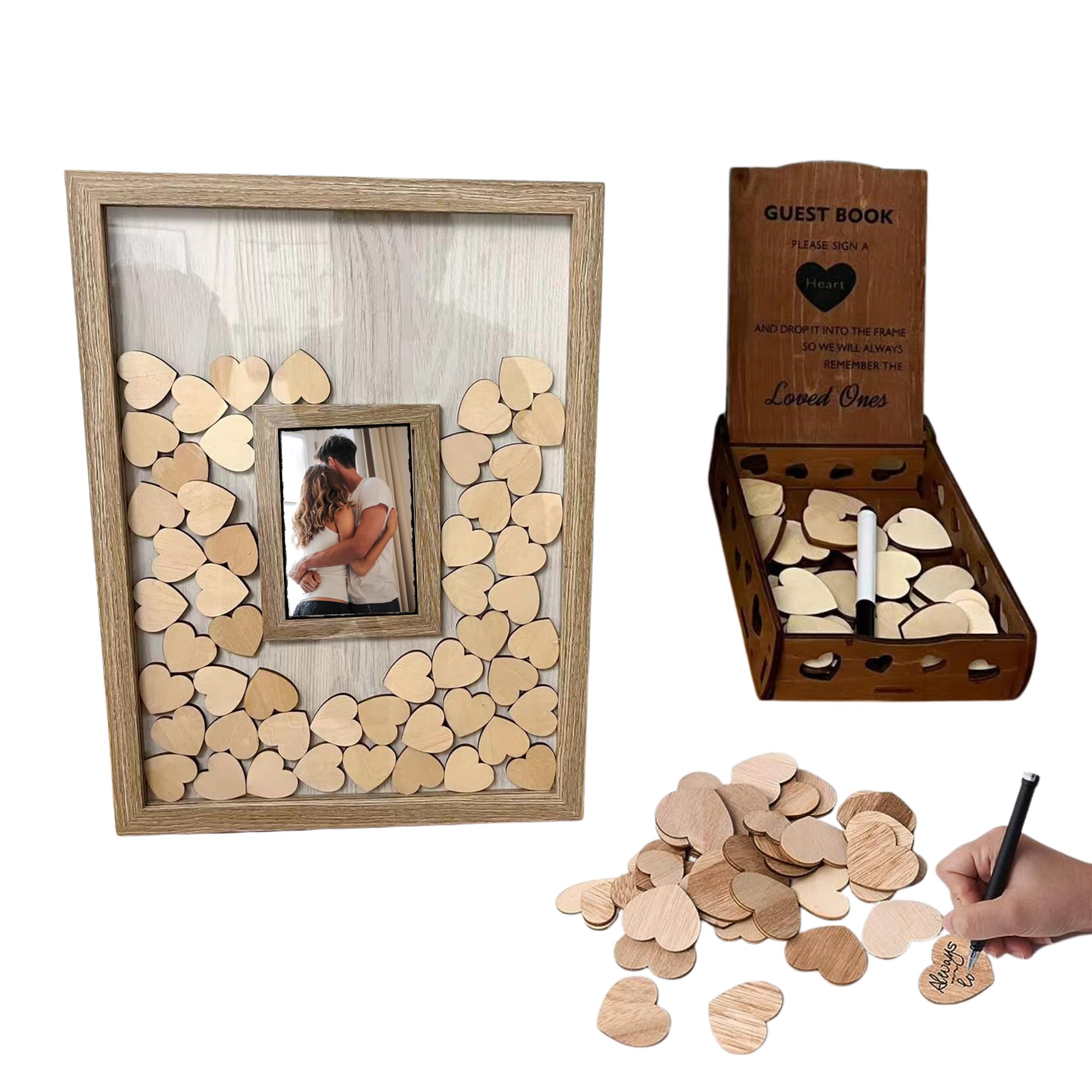 LUCHIA Wedding Guest books Alternative | Drop Top Frame Sign Book with 80 Wooden Hearts, Pen and Box | Traditional Guest Book Picture Frame Hinged for Easy Tabletop Display | 12x16 inches