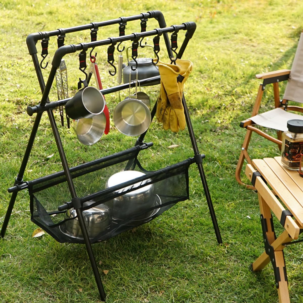 TOYANDONA Ensemble Cuisine de Camping 8 Pièces en Acier Inoxydable, Poêles et Casseroles Pliables pour 5-6 Personnes, Kit Ustensiles Barbecue Randonnée Outdoor, Set Popote Léger et Compact