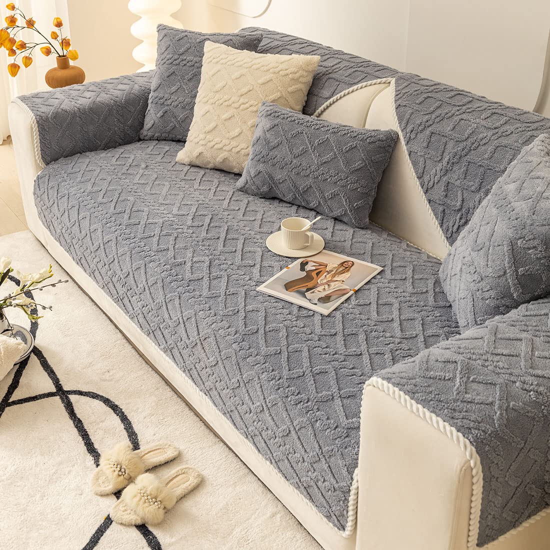 vctops Geometric Jacquard Plush Sofa Couch Covers Farmhouse Neutral Non Slip Sectional Couch Cover Soft Warm Sofa Slipcover for Dogs, Children, Pets Furniture Protector (Light Blue,43"x43")