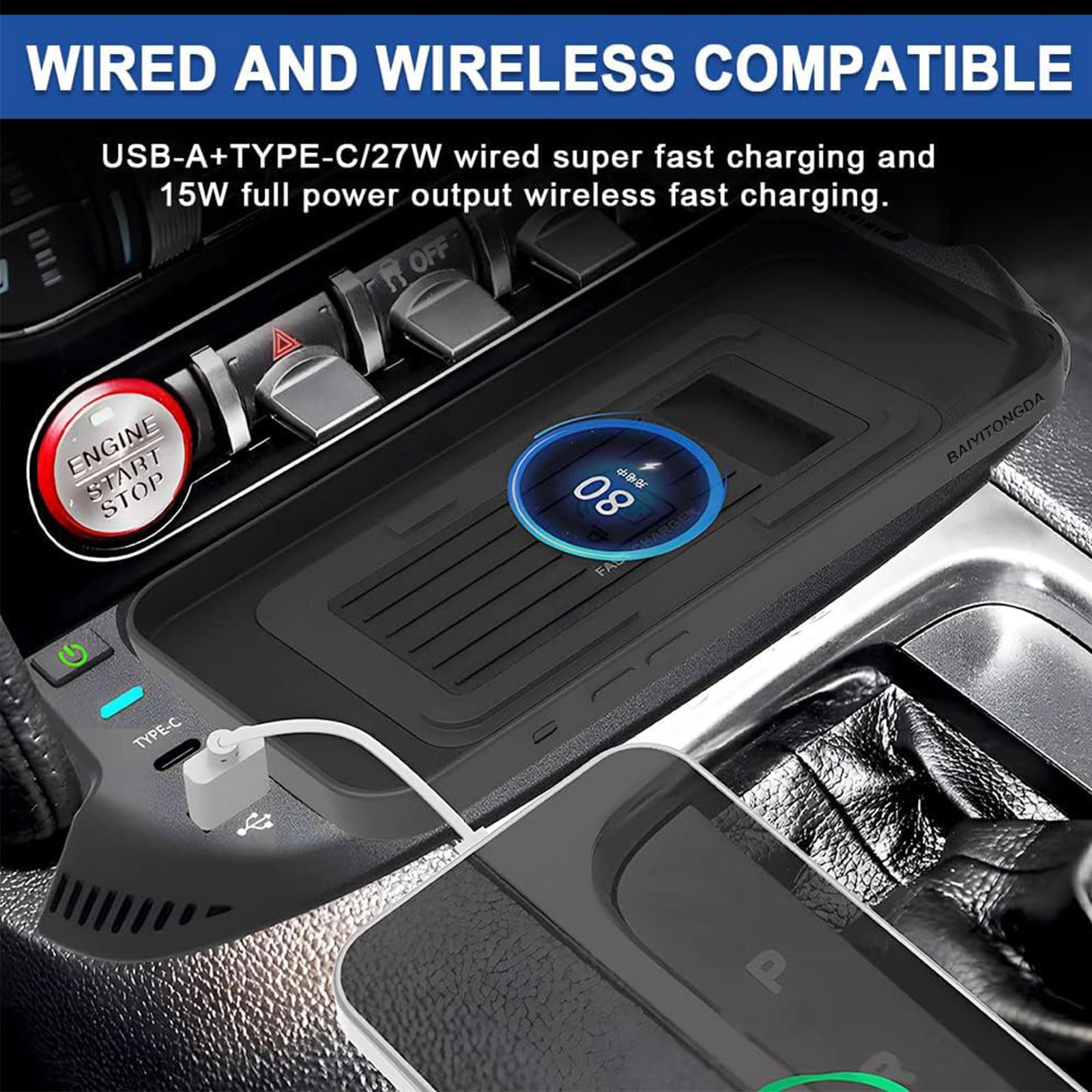 Cargador de Coche Inalámbrico para Ford Mustang 2022 2021 2020 2019 2018 2017 2016 2015, Placa de Cargador de Teléfono de Carga Rápida Qi de 15W con Puerto USB QC3.0