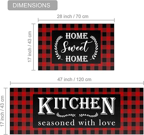 Miniatura 3 de Juego de 2 tapetes de cocina a cuadros de búfalo rojo, antideslizantes, gruesos, para cocina, fregadero, oficina, lavandería, 17 x 47 pulgadas + 17