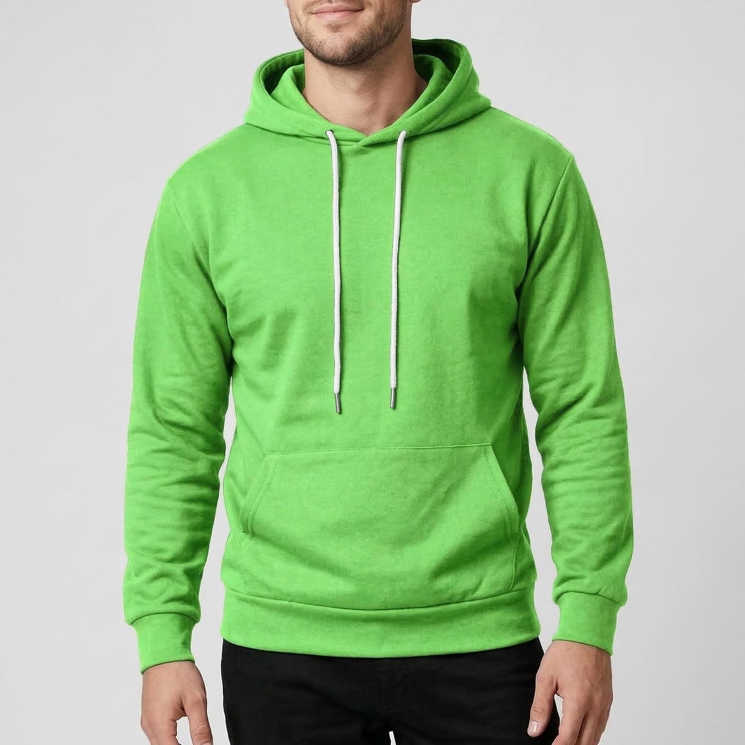 Ohoo Mens Slim Fit Plain Pullover Hoodies Soft Cotton Fabric Sweatshirt Lightweight Long Sleeve with Kanga Pocket