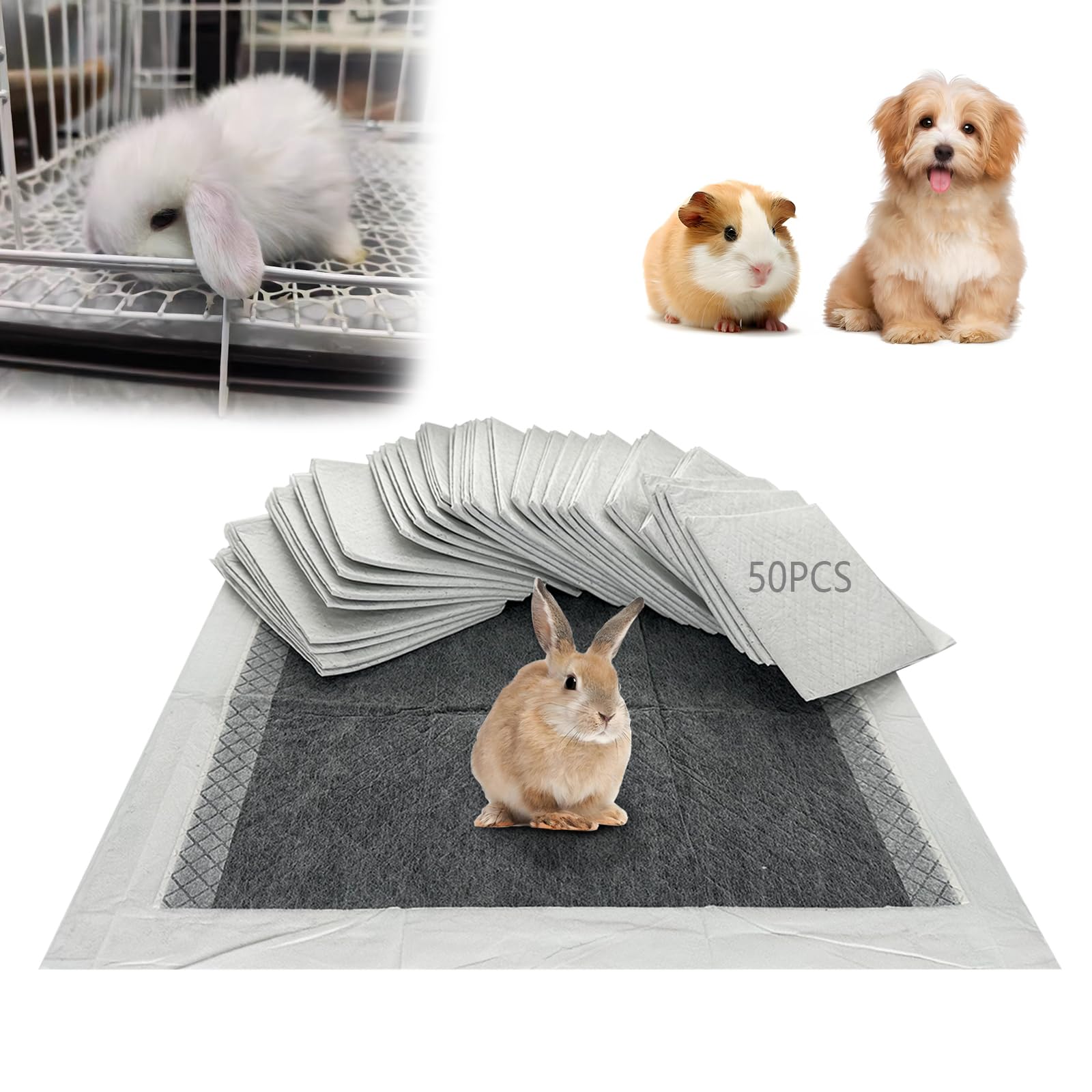 PeSandy Rabbit Pee Pads, Pet Toilet/Potty Training Pads, 50PCS All Absorb & Odor Control Disposable Cage Liners with Quick-Dry Surface for Guinea Pigs Puppy Chinchillas Hamsters Ferrets Hedgehog Cats