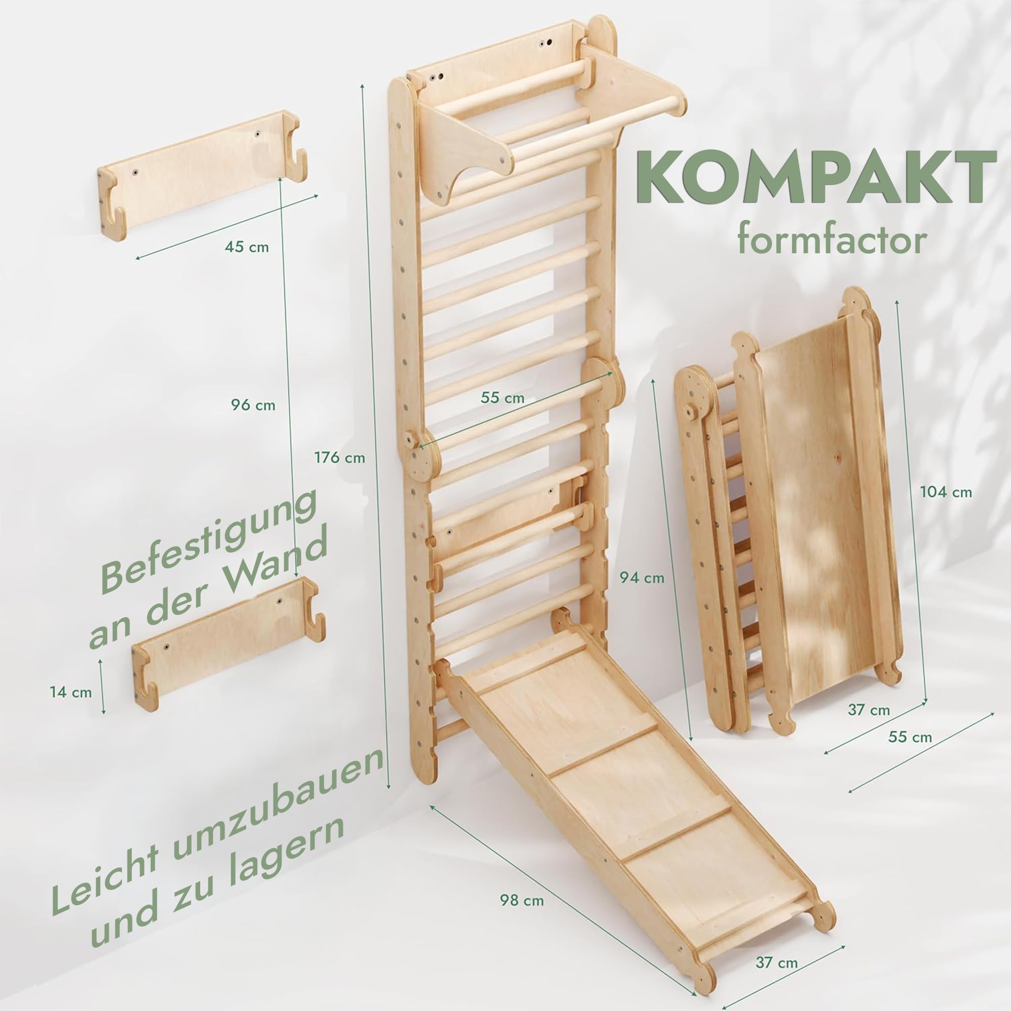 Goodevas 6-in-1 Holz Schwedenwand & Rutschensatz – Vielseitiges Indoor Kletterdreieck Set für Kinder mit Leiter, Rutsche, Monkey Bars – Perfekt für 2 bis 12 Jährige