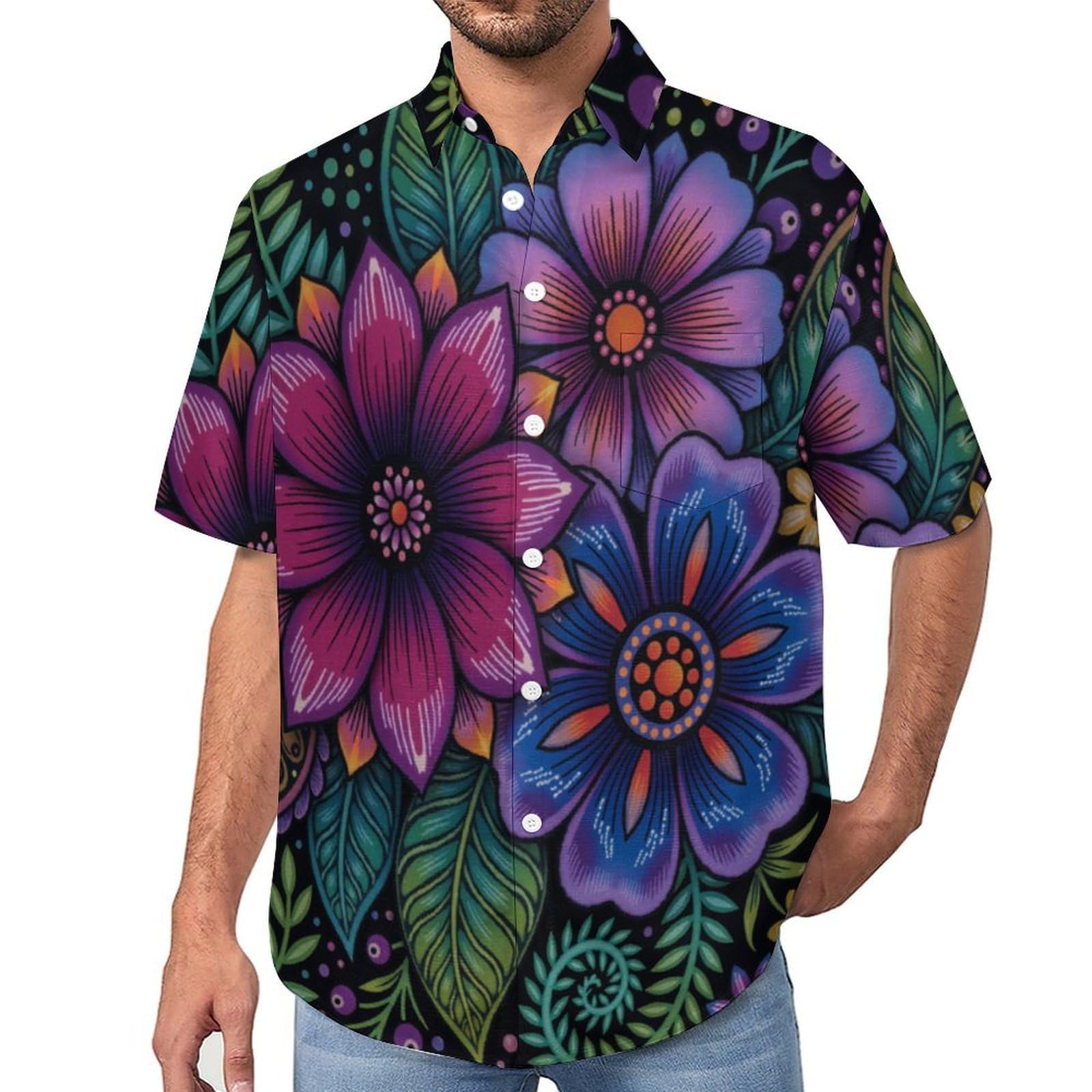Camicia da Uomo Button Down con Stampa tribù Fiori, Gruppi Etnici Arte Camicia Hawaiana Casual a Maniche Corte Camicie da Spiaggia Camicie da Vacanza