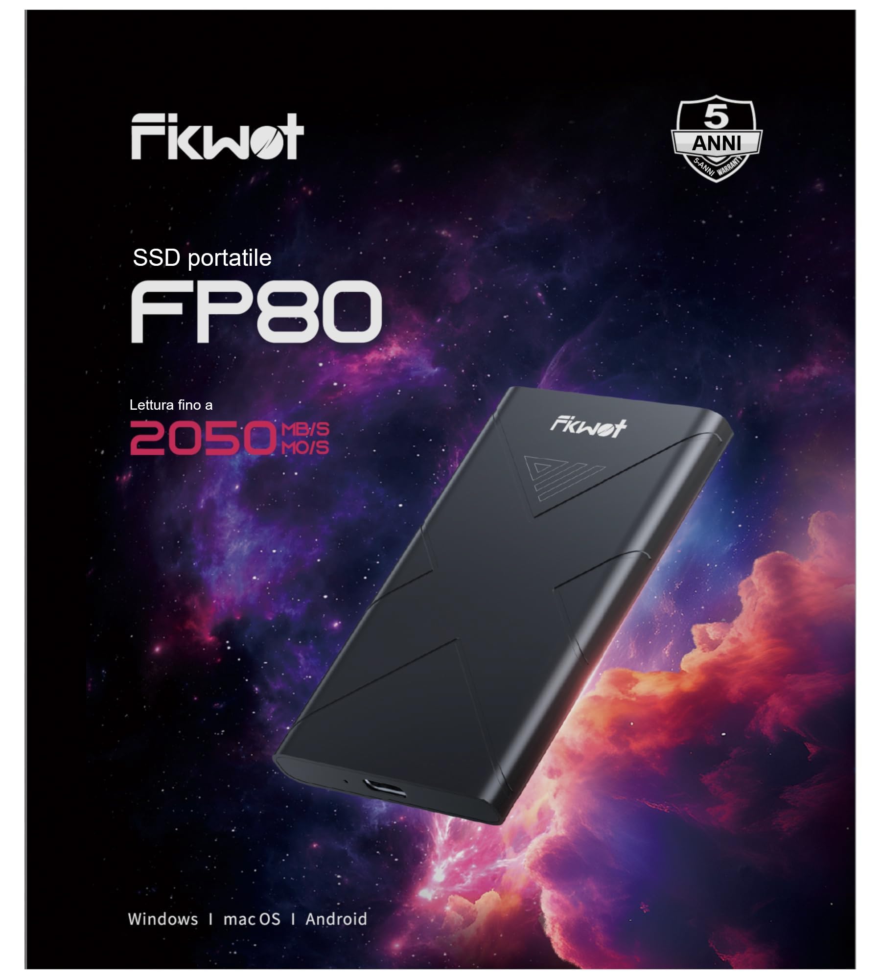 Fikwot FP80 SSD Esterno 1TB SSD Portatile USB-C 3.2 Gen 2, Fino a 2050MB/s, Unità a Stato Solido Esterna per iPhone Serie 15, PS5/PS4(Pro), Android, Xbox, Mac, PC