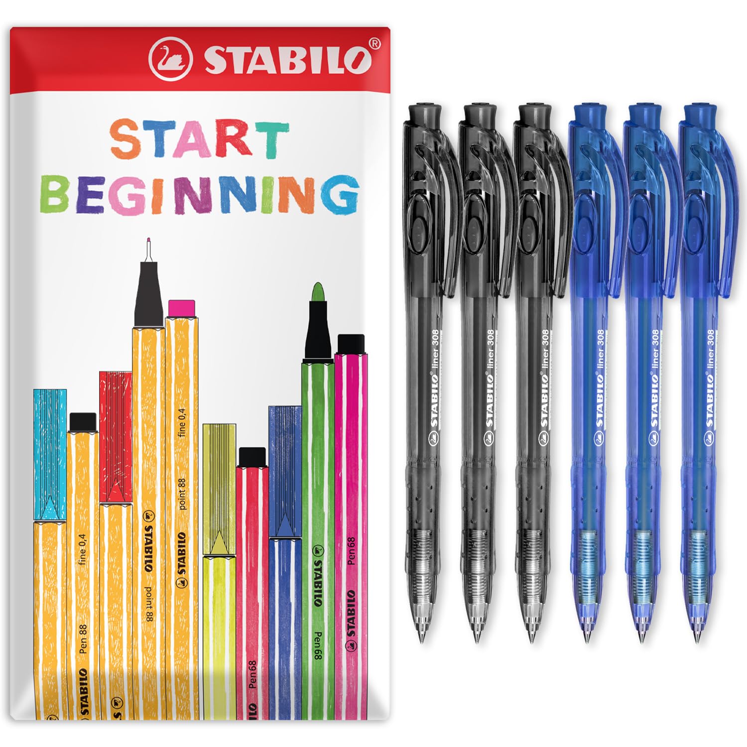 STABILO liner 308 - Retractable Ballpoint Pen - Fine 0.7mm Nib Pens - Envelope Gift Pack of 6 (Black, Blue)