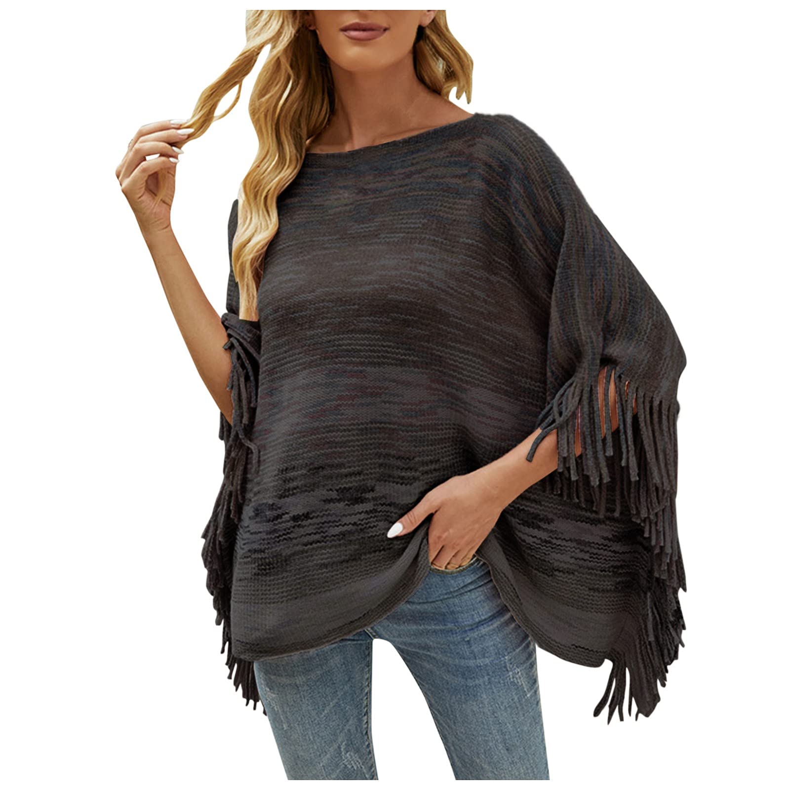 VIRACIN Scarves, Capes, O-Top Wraps with Stripes and Women's Fringe Patterns, Pullover with Side Cutout, Knitted Jumper Cardigan Women's Wrap