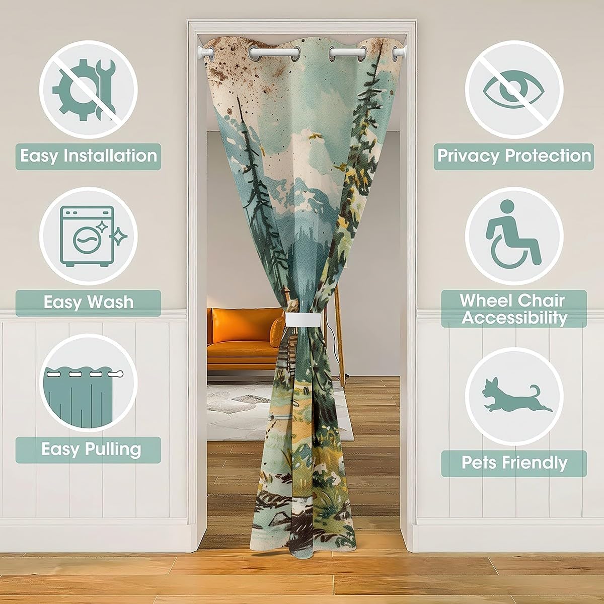 Adventure Cabin Door Curtain Farmhouse Lake Life Blackout Curtain Watercolor Mountain Trees Doorway Curtain for Teens Adults Natural Scenery Door Drape Tapestry for Hallway 42" W X 80" L