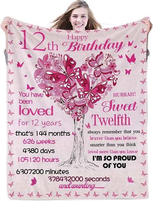 12th Birthday Gifts for Girls Happy Sweet 12 Blanket Gifts 12 Year Old Flannel Fleece Throw Blankets for Daughters, Nieces, Granddaughters, Twelve Birthday Gift Idea Decorations, 12th, 130cmx152cm