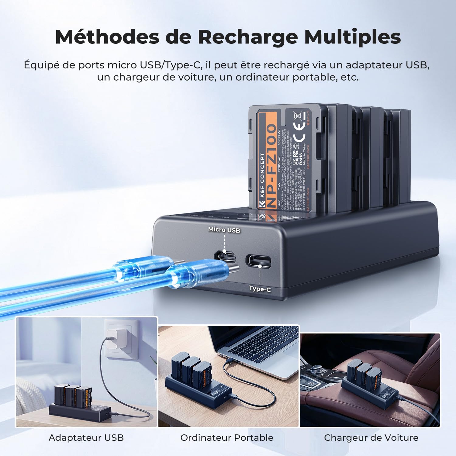 K&F CONCEPT NP-FZ100 Batterie et Chargeur à Trois Slot, 3 X 2280mAh Remplacement Batterie pour Sony A7iii, A7iv, A7C, FX3, FX30, A9, A6600, A6700, ZV-E1, ZV-E10ii, Alpha 9, A9S, A7R III, A7R IV, A7RV