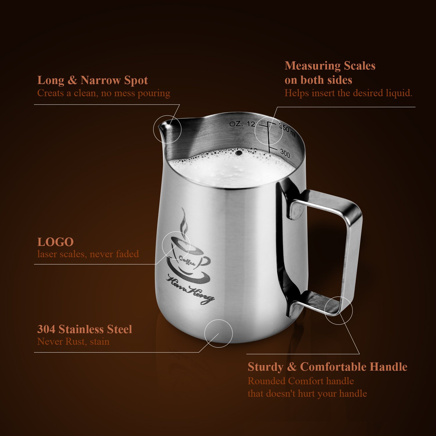 Milch Pitcher rostfreiem Edelstahl Milchkännchen perfekt für Milchaufschäumer Cappuccino Milchschau (350ml)