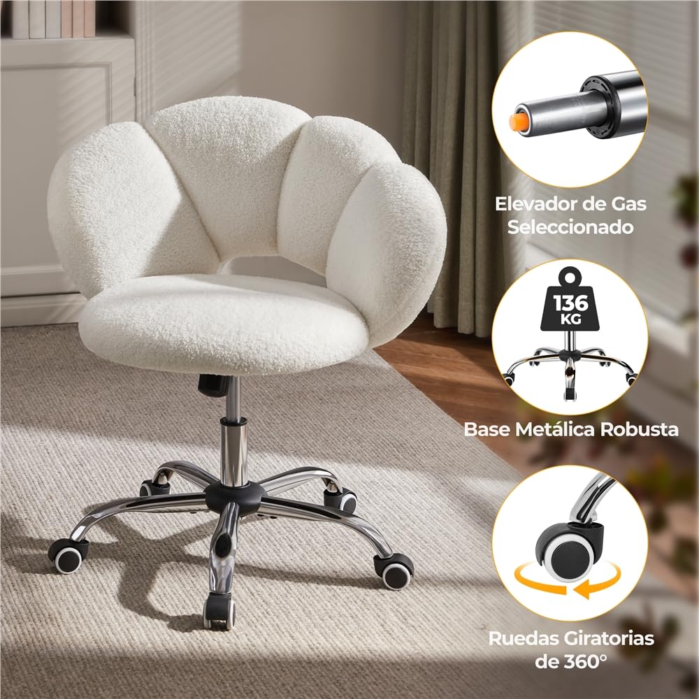 Yaheetech Silla de Escritorio Silla de Oficina Ergonómica sin Brazos Tapizada Blanca con Ruedas Giratorias Respaldo Diseño Nube en Tejido Bouclé Altura Ajustable