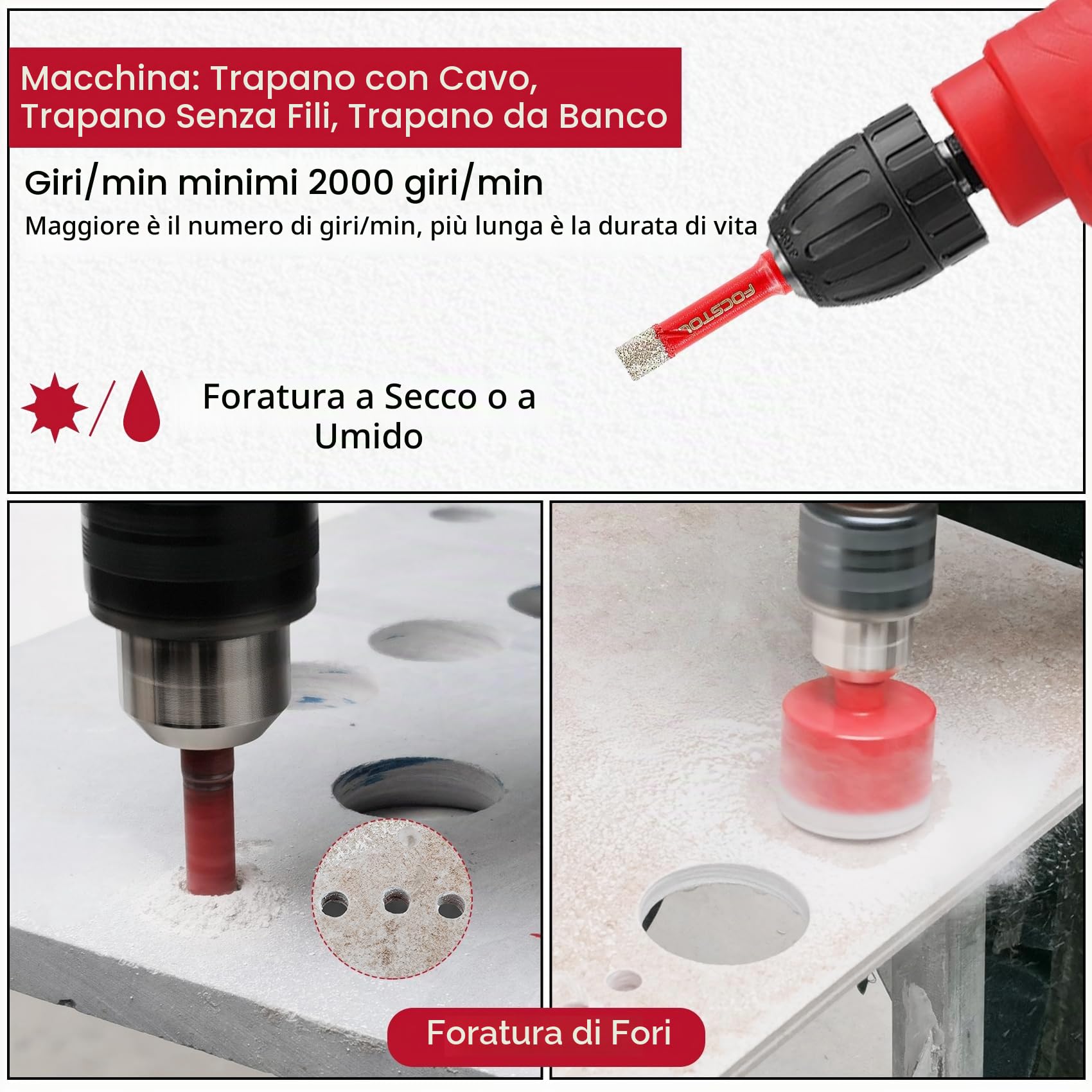 FOCSTOL Punte per Trapano Diamantate - 11 pezzi (6/6/8/10/20/25/32/35/45/50/65mm) con Gambo Triangolare per Porcellanato Piastrelle Ceramica Marmo Granito