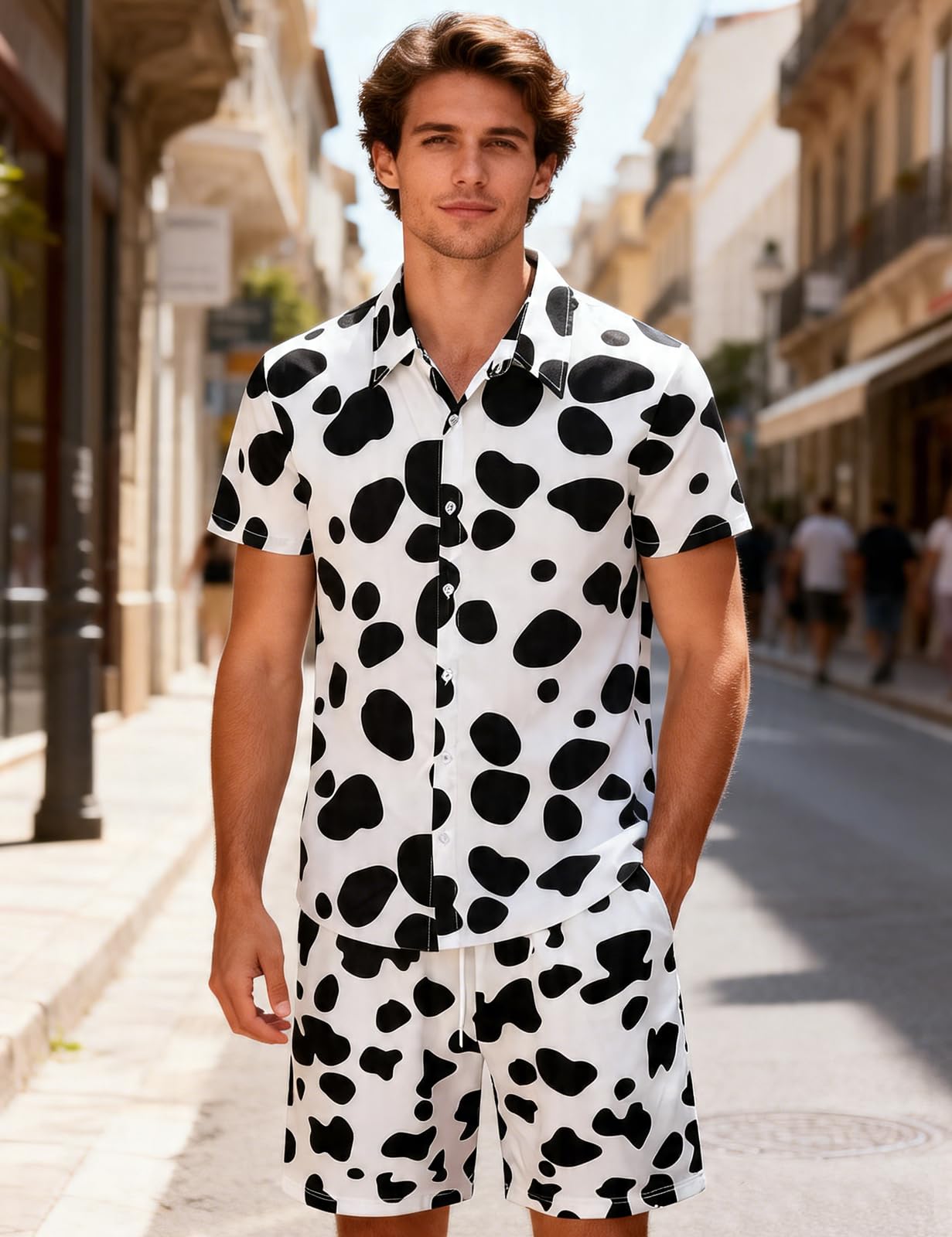 Camisa y Pantalones de Estampado Animal Casuales Manga Corta para Hombres