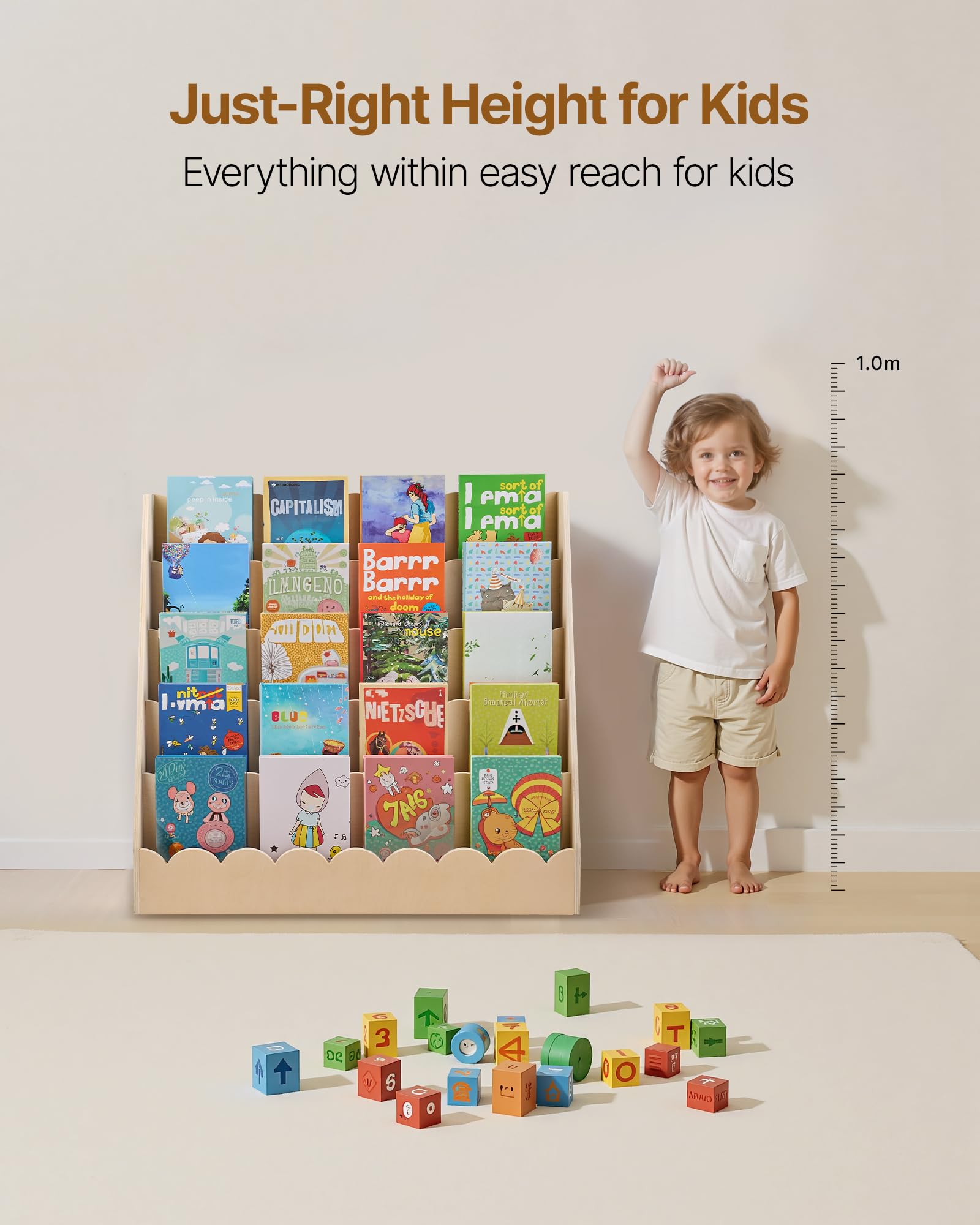 VEVOR Montessori 5-poziomowy regał na książki dla dzieci ze szlifem falistym, skierowany do przodu stelaż na książki z podwójnymi haczykami, regał na książki dla niemowląt, do przedszkola