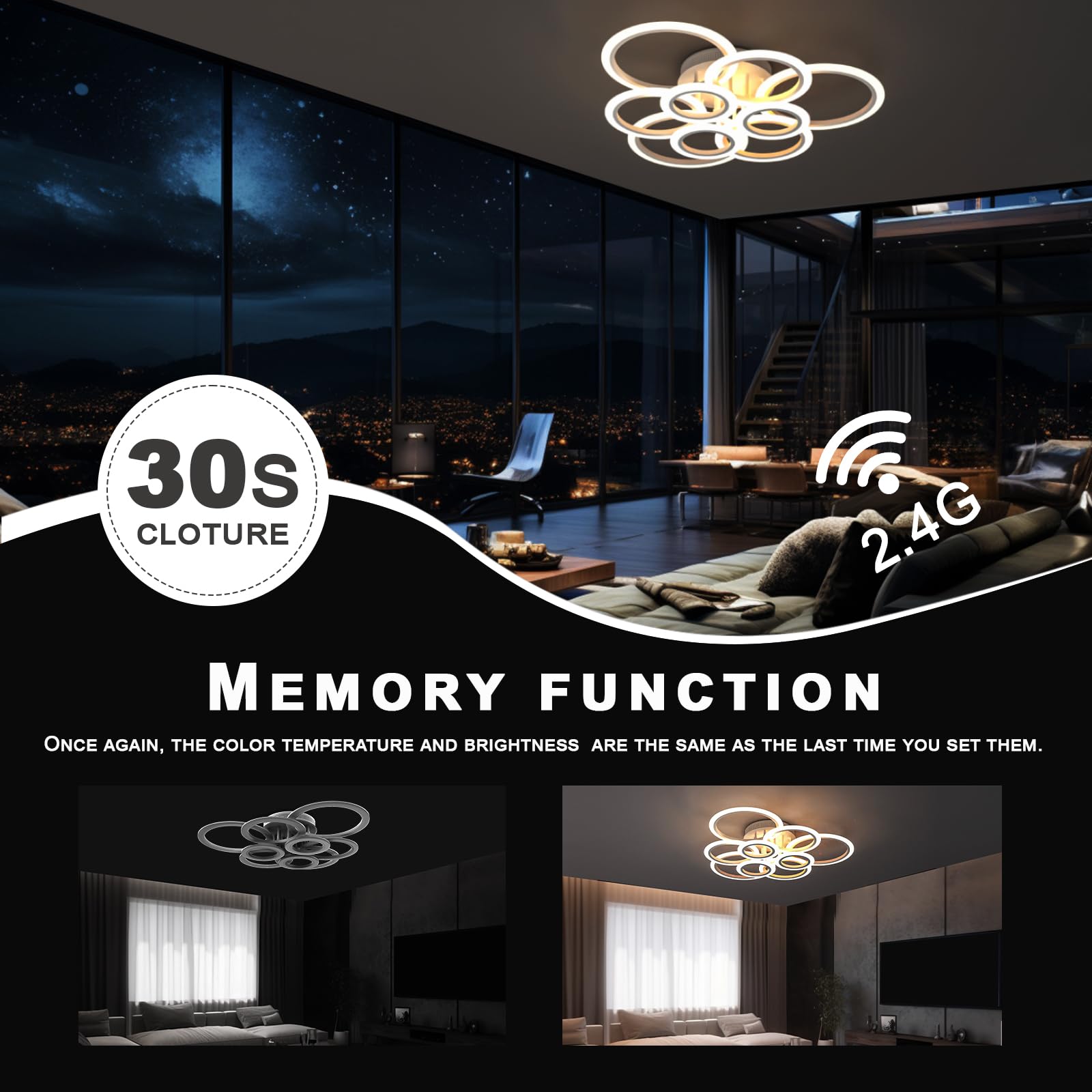 Moderna Lampara de Techo LED, Regulación Continua Lámparas de Techo Salon, Mando a distancia y Anillo Acrílico Smart App Control Lamparas Techo Para Salón Comedor Dormitorio (Blanco, 9 Anillos)
