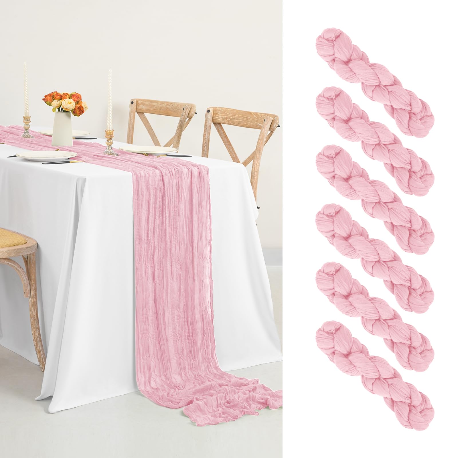 6 Pack Light Pink Cheesecloth Table Runner,10ft Gauze Table Runner Long Semi-Sheer Rustic Boho Table Runners for Wedding,Bridal Shower,Party,Banquet Decoration(35 x 120 Inch/Light Pink)